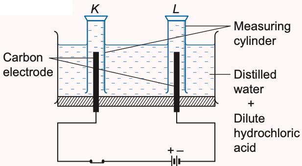 Two measuring cylinders K and L upside down over carbon electrodes in a beaker of distilled water and dilute hydrochloric acid, connected to a switch and battery