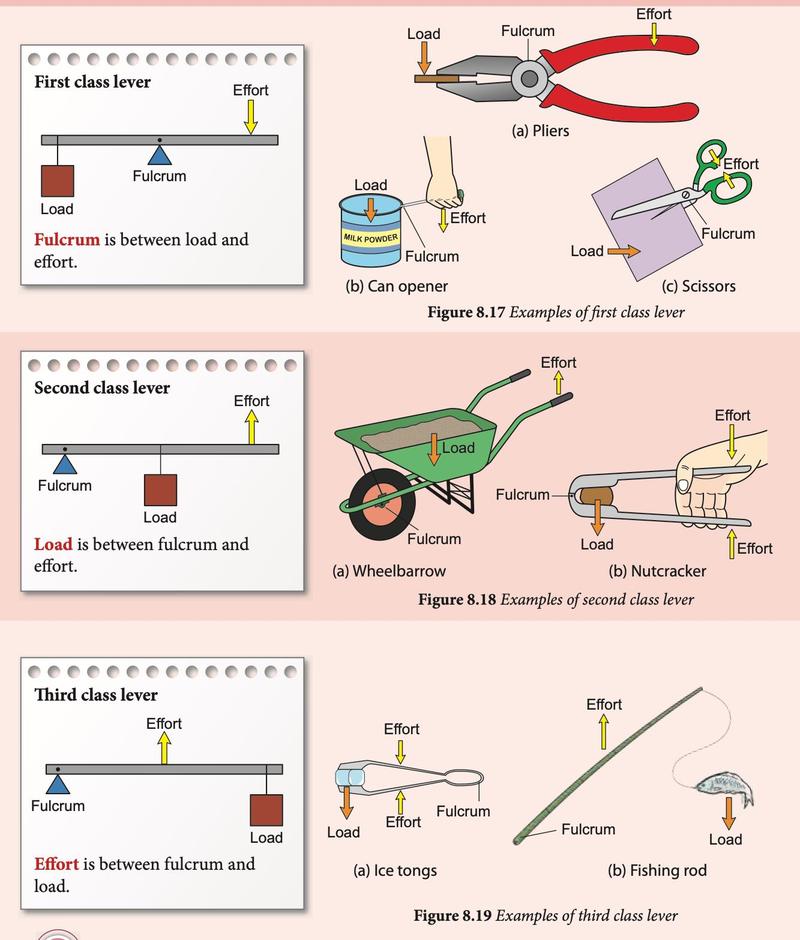 Three levers: first class with fulcrum in the middle, second class with load in the middle, third class with effort in the middle, with tools as examples
