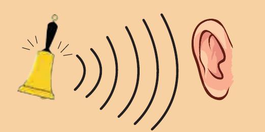 A bell ringing with sound waves moving through the air to an ear