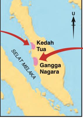 Peta Semenanjung dengan kawasan Kedah Tua dan Gangga Nagara di tepi Selat Melaka