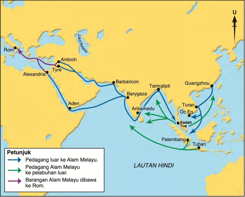 Peta jalan perdagangan: pedagang luar ke Alam Melayu (biru), pedagang Alam Melayu ke pelabuhan luar (hijau), barangan dibawa ke Rom (ungu)