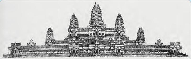Lukisan garis Angkor Wat dari sisi dengan lima menara