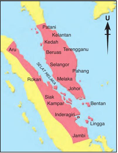 Peta empayar Kesultanan Melayu Melaka di Semenanjung dan pantai timur Sumatera