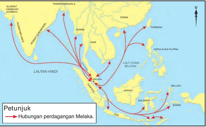 Peta hubungan perdagangan Melaka dengan India, China, Siam dan Nusantara