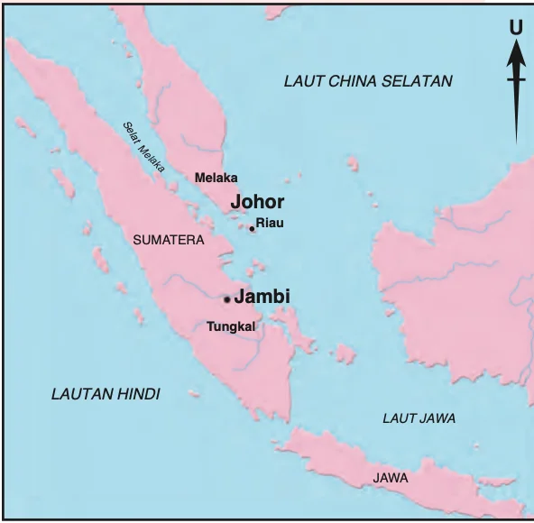 Peta Sumatera dan Semenanjung menunjukkan kedudukan Melaka, Johor, Riau, Jambi dan Tungkal