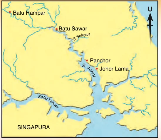 Peta Sungai Johor menunjukkan Batu Hampar, Batu Sawar, Panchor, Johor Lama dan Selat Tebrau