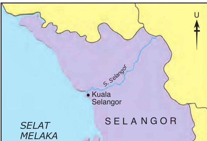 Peta negeri Selangor dengan Kuala Selangor di muara Sungai Selangor