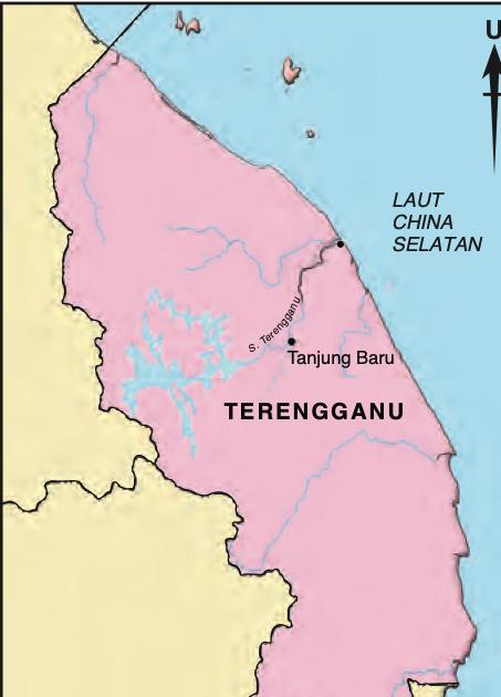 Peta negeri Terengganu dengan Tanjung Baru di tebing Sungai Terengganu