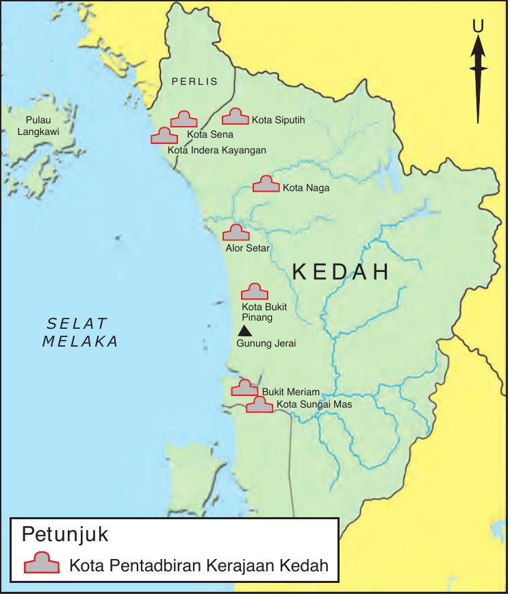 Peta Kedah menunjukkan kota pentadbiran seperti Kota Siputih, Kota Naga, Alor Setar, Kota Bukit Pinang dan Kota Sungai Mas