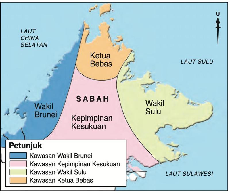 Peta Sabah menunjukkan kawasan Wakil Brunei di barat, Kepimpinan Kesukuan di tengah, Wakil Sulu di timur dan Ketua Bebas di utara