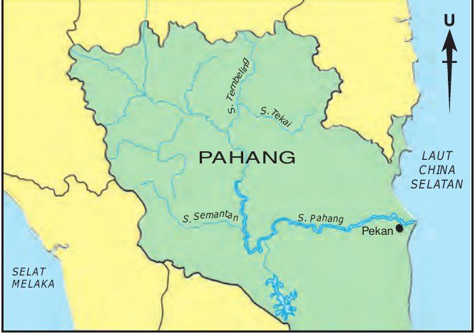 Peta negeri Pahang menunjukkan Sungai Pahang mengalir ke Laut China Selatan dan bandar Pekan di muara sungai
