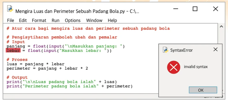 Tetingkap IDLE dengan mesej SyntaxError invalid syntax