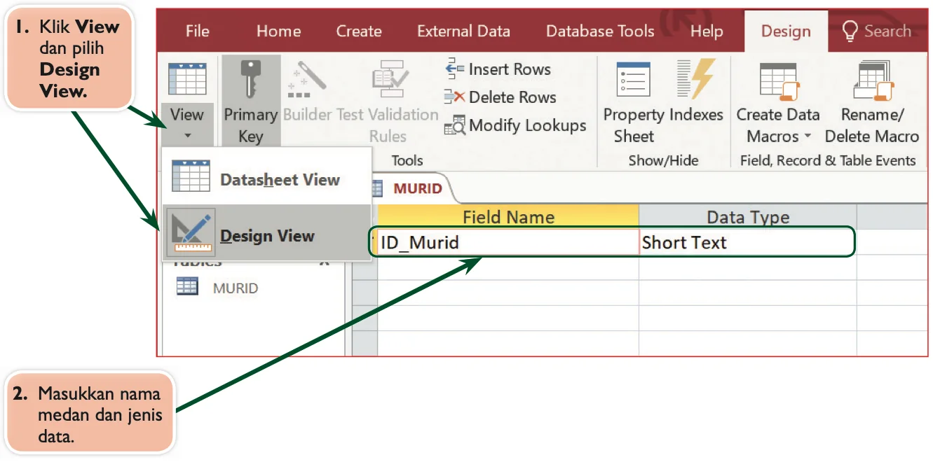 Tangkapan skrin Design View dalam Access