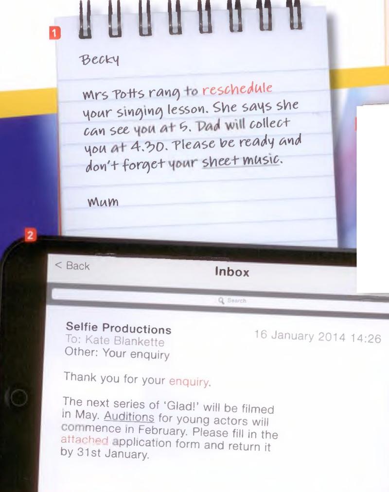 Becky's note from Mum about a rescheduled singing lesson, and an email to Kate Blankette about auditions