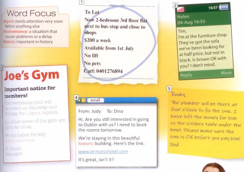Five short texts from the textbook: a To Let advert for a flat, a text message from Helen about a sofa, a notice from Joe's Gym about a closed pool, an email from Judy to Dina about Dublin, and a note from Dad to Robby about a plumber
