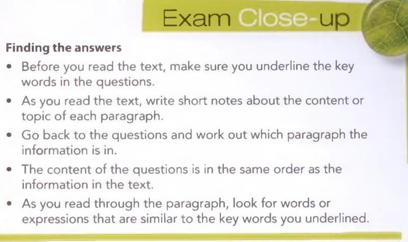Textbook box headed Exam Close-up: Finding the answers. Five bullets: underline the key words, write short notes on each paragraph, work out which paragraph holds the information, answers follow the text order, look for similar words and expressions.