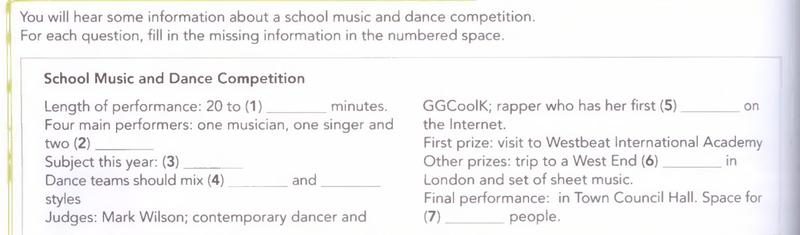 Part of a form headed School Music and Dance Competition with seven numbered gaps: length of performance 20 to (1) minutes; four main performers, one musician, one singer and two (2); subject this year (3); dance teams should mix (4) and styles; judges; first prize; final performance, space for (7) people.