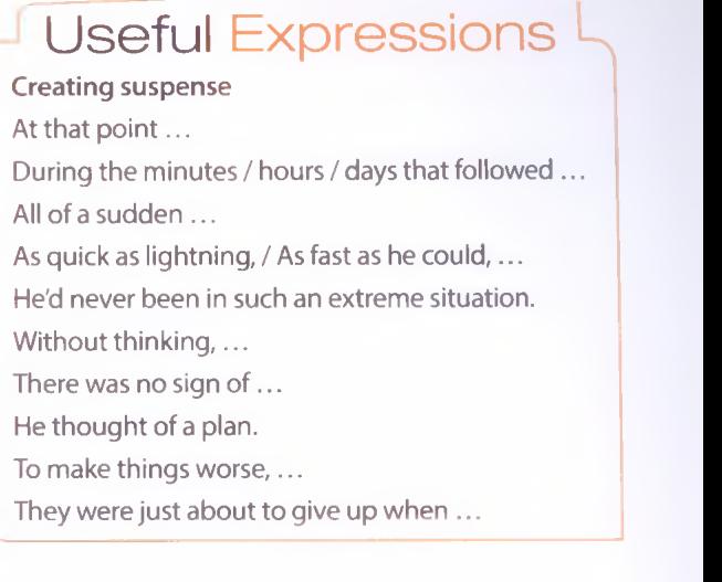 Textbook Useful Expressions box headed Creating suspense with ten phrases such as At that point, All of a sudden, Without thinking, There was no sign of, To make things worse, and They were just about to give up when