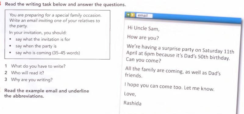 Textbook page showing a writing task box with three bullet points for an invitation, and Rashida's example email to Uncle Sam