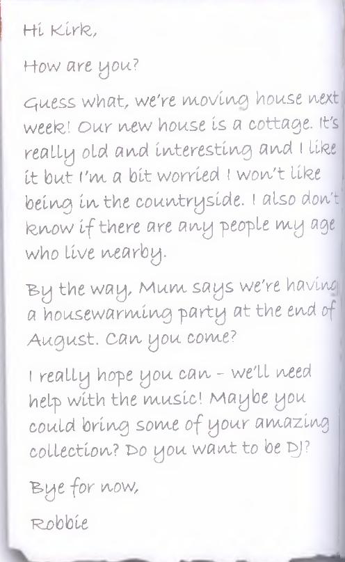 The handwritten letter from Robbie to Kirk about moving house to a cottage in the countryside and a housewarming party