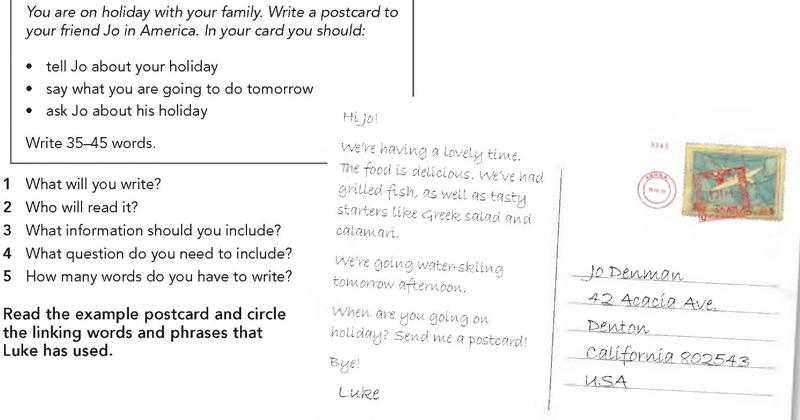 Textbook page with a postcard task box and Luke's example postcard to Jo in California, with a stamp and handwritten address