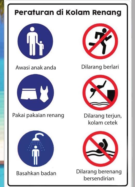 Papan tanda Peraturan di Kolam Renang: awasi anak anda, dilarang berlari, pakai pakaian renang, dilarang terjun kolam cetek, basahkan badan, dilarang berenang bersendirian