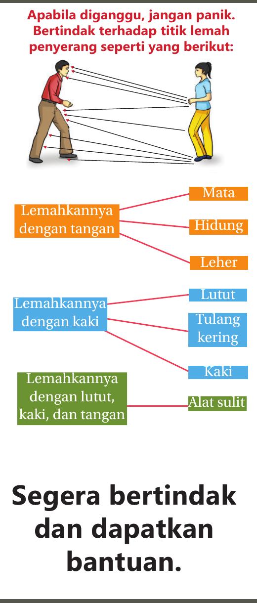 Seorang remaja diganggu oleh seorang lelaki; carta menunjukkan titik lemah penyerang: mata, hidung dan leher dilemahkan dengan tangan; lutut, tulang kering dan kaki dengan kaki; alat sulit dengan lutut, kaki dan tangan