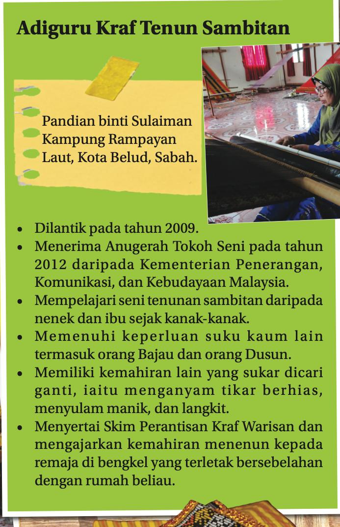 Panel Adiguru Kraf Tenun Sambitan: Pandian binti Sulaiman menenun di Kota Belud, Sabah, dengan senarai pencapaiannya