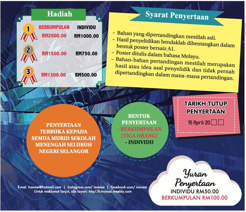 Poster pertandingan inovasi: hadiah berkumpulan RM2 000, RM1 500, RM1 300 dan individu RM1 000, RM750, RM500; syarat penyertaan; yuran individu RM50 dan berkumpulan RM100