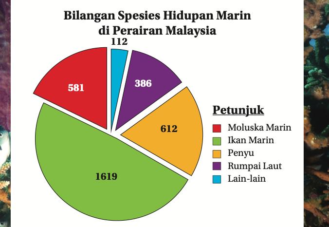 Carta pai bilangan spesies hidupan marin di perairan Malaysia: ikan marin 1619, penyu 612, moluska marin 581, rumpai laut 386, lain-lain 112