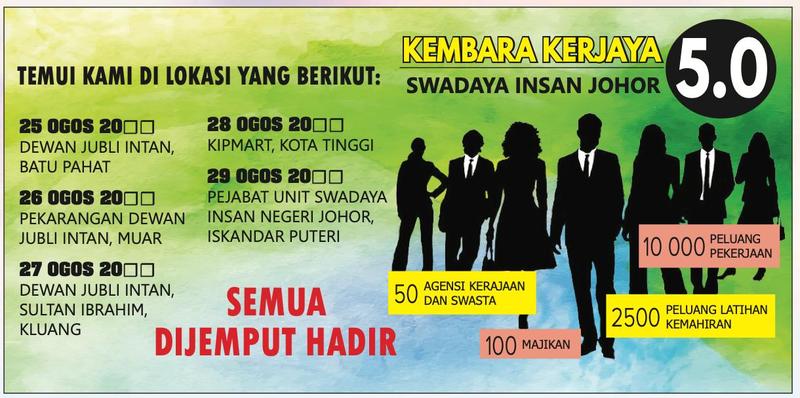 Poster Kembara Kerjaya 5.0 oleh Swadaya Insan Johor: lokasi pada 25 hingga 29 Ogos, 50 agensi kerajaan dan swasta, 10 000 peluang pekerjaan, 2 500 peluang latihan kemahiran dan 100 majikan