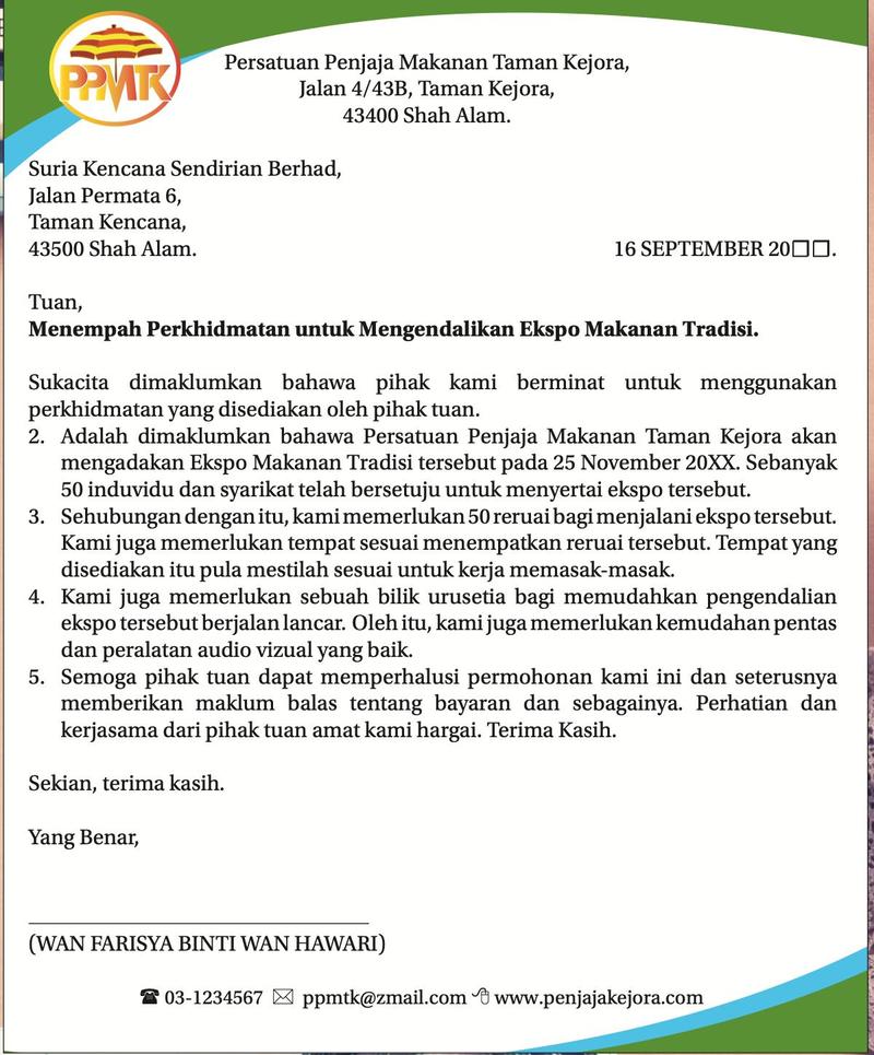 Surat rasmi daripada Persatuan Penjaja Makanan Taman Kejora kepada Suria Kencana Sendirian Berhad tentang menempah perkhidmatan mengendalikan Ekspo Makanan Tradisi, dengan lima perenggan bernombor