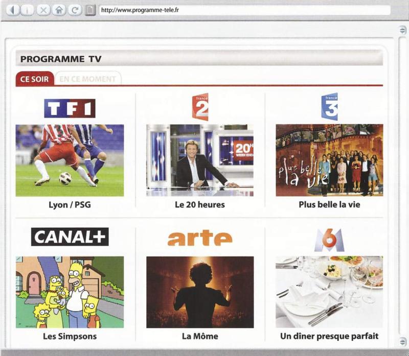 A TV listings web page with six channels: TF1 football match Lyon-PSG, France 2 the 20 o'clock news, France 3 Plus belle la vie, Canal+ The Simpsons, Arte La Môme, M6 Un dîner presque parfait