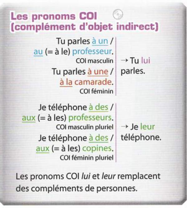 Textbook box showing that à un professeur or à une camarade becomes lui, and à des professeurs or à des copines becomes leur