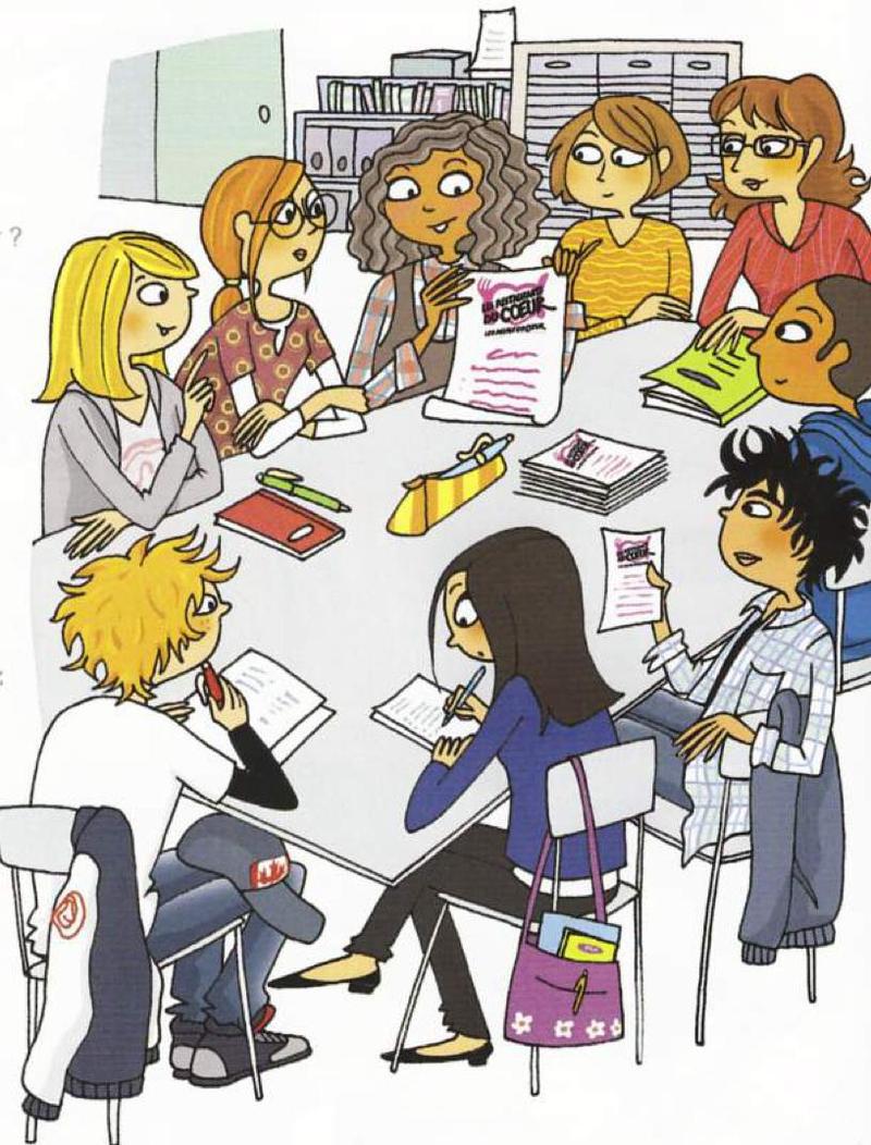 Cartoon of the Club Solidarité students sitting round a table with posters, notebooks and bags