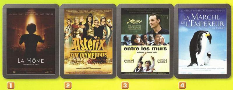 Four French film posters: La Môme, Astérix aux Jeux olympiques, Entre les murs and La Marche de l'empereur