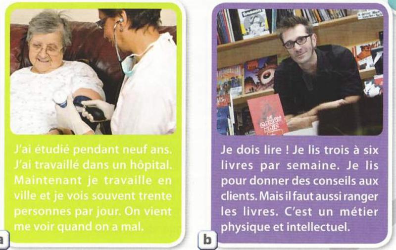 Two job cards: card a shows a doctor taking an old woman's blood pressure; card b shows a bookseller in a bookshop