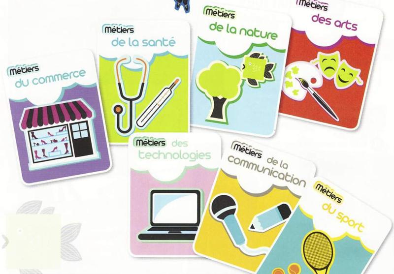 Seven job cards: commerce (a shop), santé (stethoscope and thermometer), nature (tree and fish), arts (masks and paintbrush), technologies (laptop), communication (microphone and pencil), sport (tennis racket and balls)