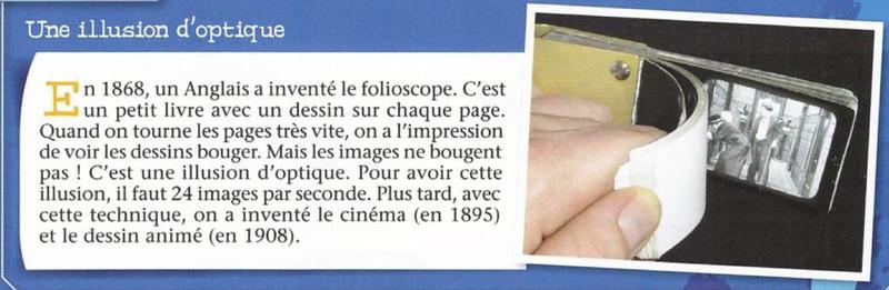 Short text about the folioscope and a photo of a thumb flicking the pages of a small book of drawings
