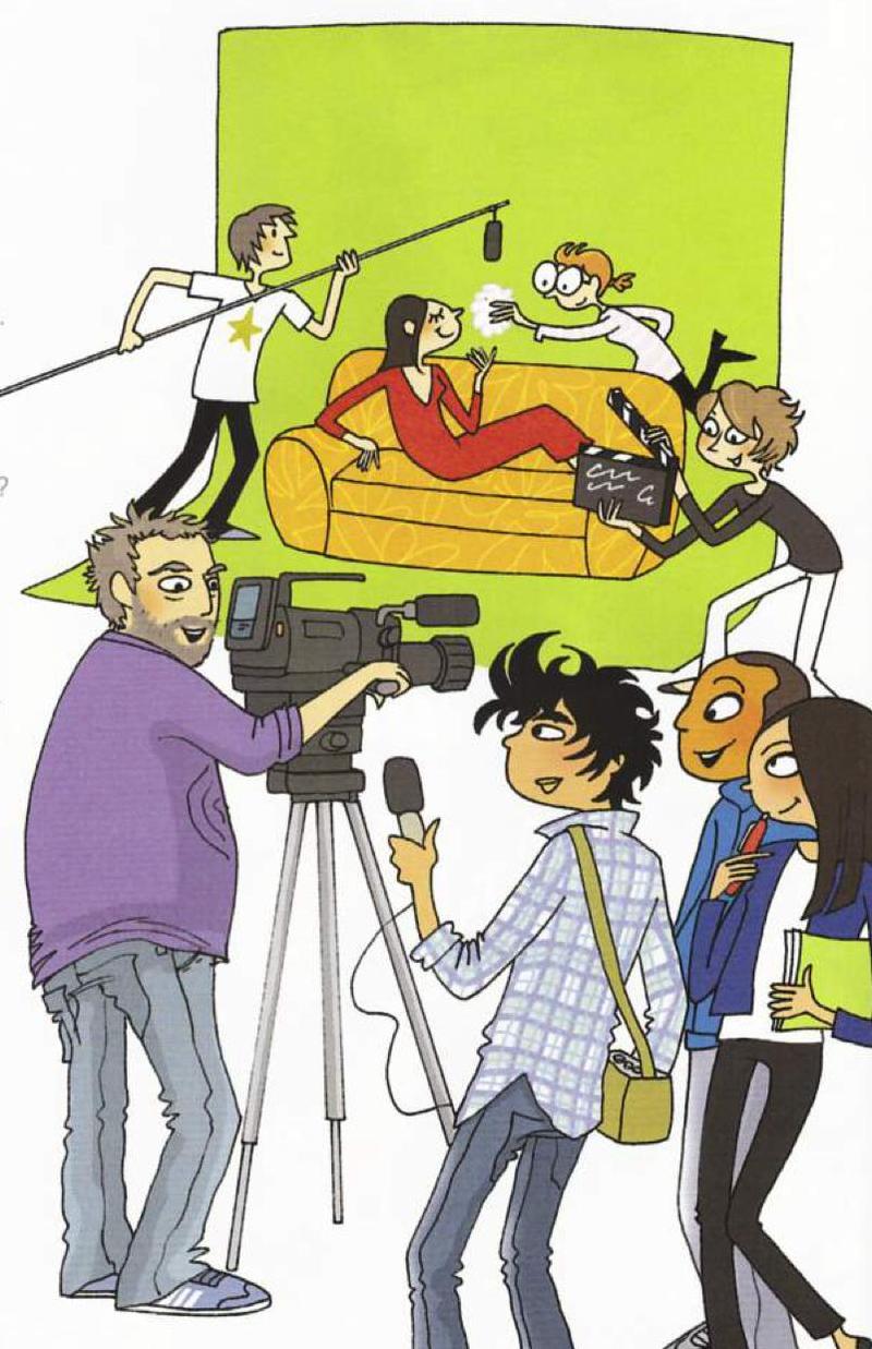 Cartoon of a film shoot: a woman lies on a sofa in front of a green screen, a boom microphone, a clapperboard, a camera on a tripod and a young reporter with a microphone