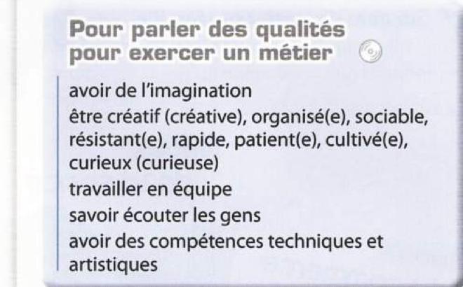 Box listing expressions for talking about the qualities of a job, such as avoir de l'imagination, être créatif, travailler en équipe, savoir écouter les gens