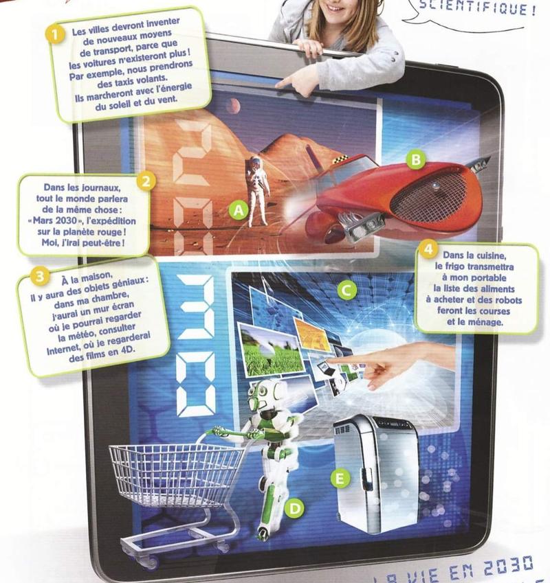 A giant tablet showing Mars, a flying taxi, a wall screen, a shopping robot and a fridge, with four speech bubbles about life in 2030
