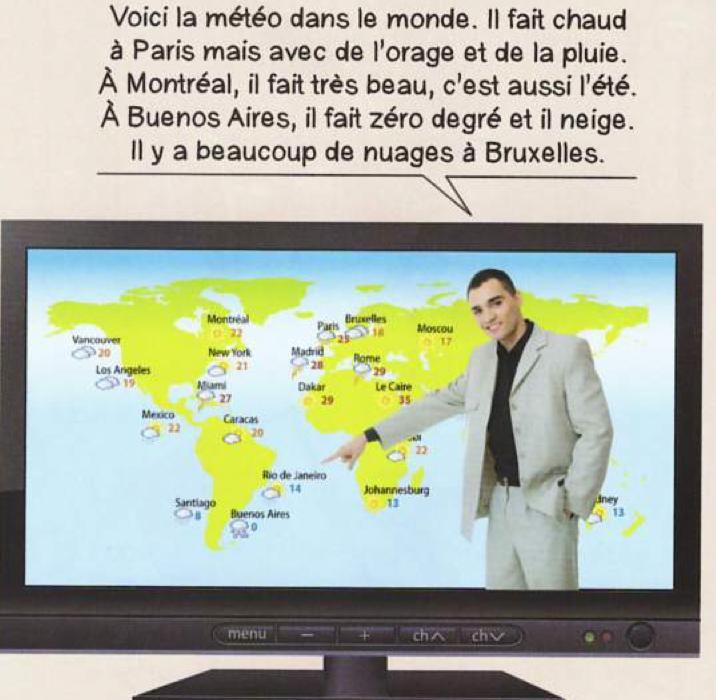 A television weather presenter points at a world map. Above is his report: hot and stormy in Paris, fine in Montréal, zero degrees and snow in Buenos Aires, many clouds in Bruxelles