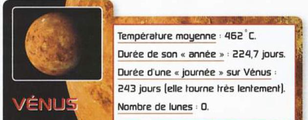 Fact card about Venus: average temperature 462 degrees, year 224.7 days, day 243 days, no moon