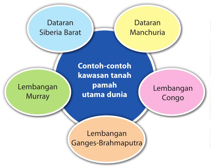Lima contoh kawasan tanah pamah utama dunia: Dataran Siberia Barat, Dataran Manchuria, Lembangan Murray, Lembangan Congo, Lembangan Ganges-Brahmaputra