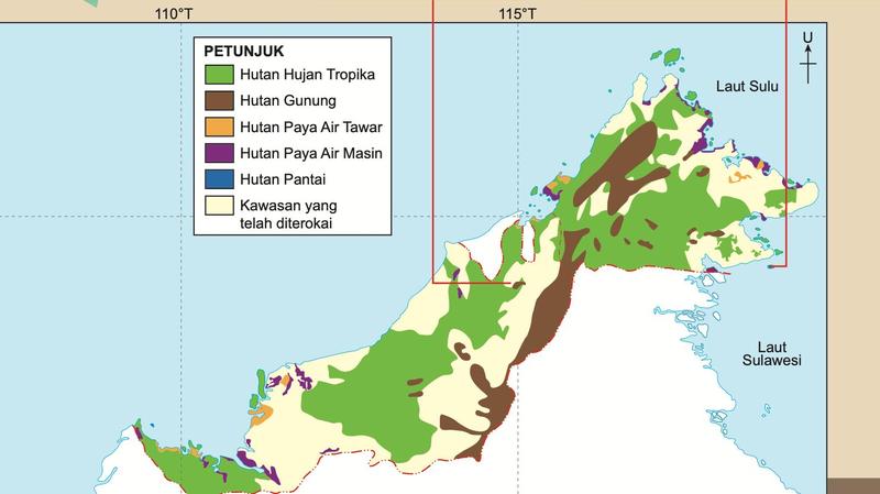 Peta Sabah dan Sarawak berwarna dengan petunjuk: hijau Hutan Hujan Tropika, coklat Hutan Gunung, jingga Hutan Paya Air Tawar, ungu Hutan Paya Air Masin, biru Hutan Pantai dan krim kawasan yang telah diterokai