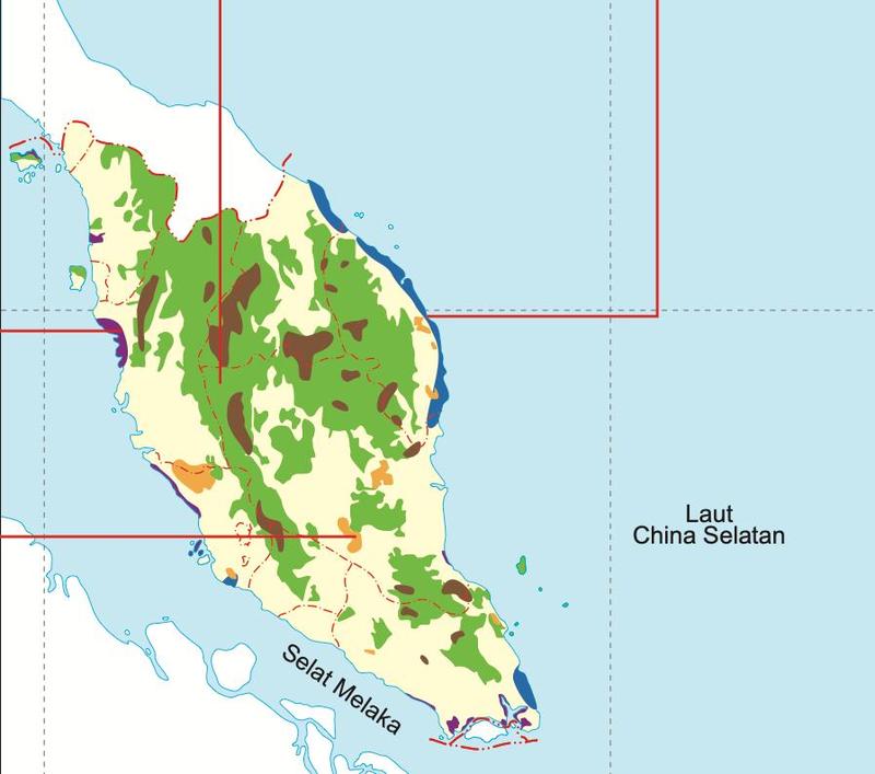 Peta Semenanjung Malaysia berwarna: hijau Hutan Hujan Tropika meliputi kawasan dalam, coklat Hutan Gunung di banjaran, jalur biru Hutan Pantai di pantai timur dan jalur ungu Hutan Paya Air Masin di pantai barat