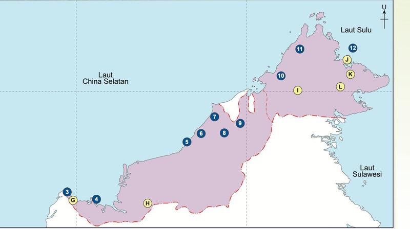 Peta Sabah dan Sarawak dengan pusat konservasi G hingga L dan taman negara 3 hingga 12