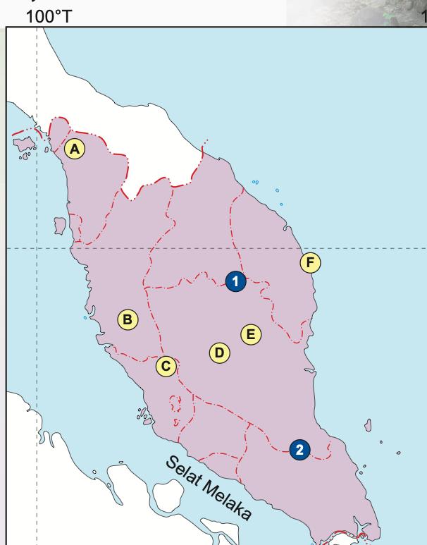 Peta Semenanjung Malaysia dengan pusat konservasi A hingga F dan taman negara 1 dan 2