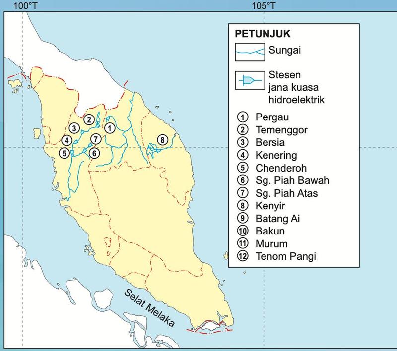Peta 6.1 stesen jana kuasa hidroelektrik di Semenanjung Malaysia: nombor 1 hingga 8 di Semenanjung (1 hingga 7 di utara, 8 Kenyir di timur), dengan petunjuk 1 hingga 12
